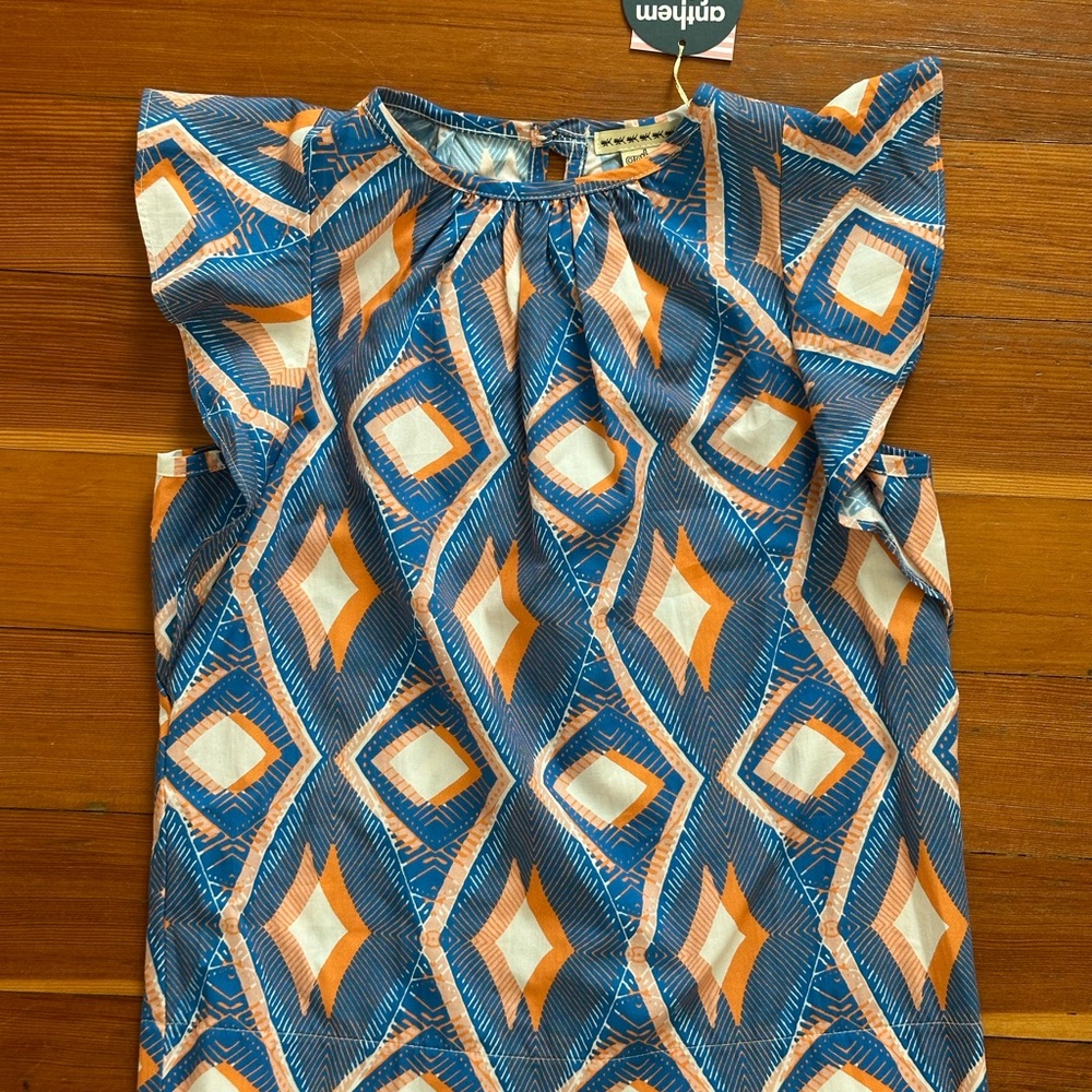 NWT Anthem of the Ants flutter sleeve Blue and Orange Patterned Top